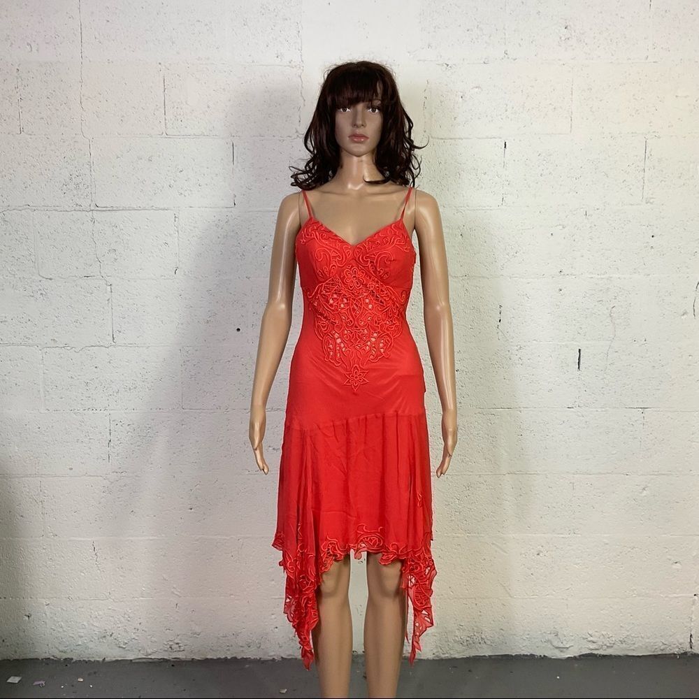 Sue Wong Orange Lace Sleeveless Asymmetrical Silk Babydoll Slip Midi Dress 4 - Picture 3 of 9